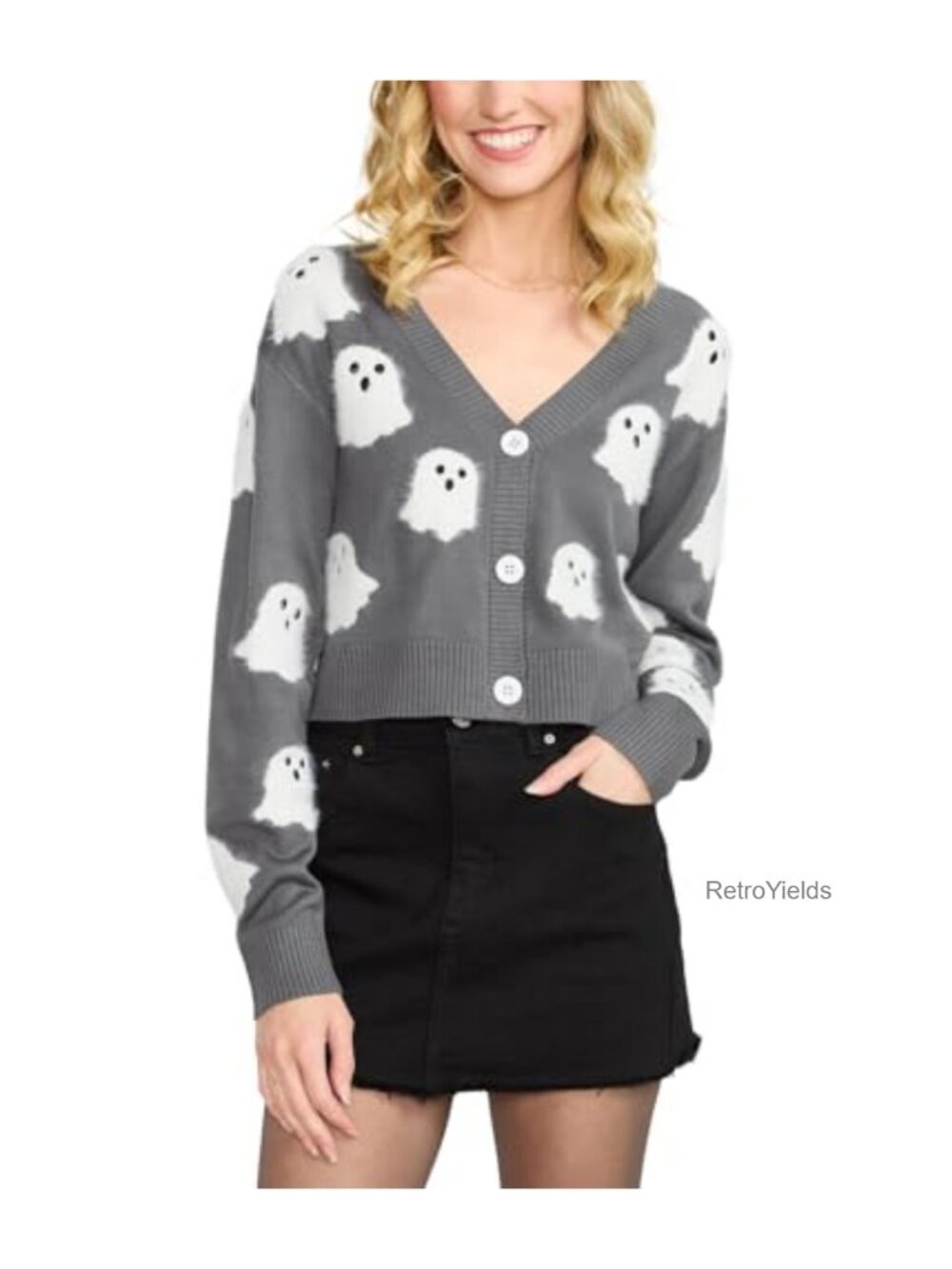 Women's Halloween Ghost Print Button-Up Fuzzy Cropped Cardigan